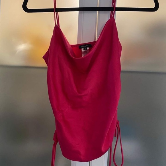 Dynamite Fuchsia Drawstring Side Cowl Neck Satin Cami - Picture 2 of 4